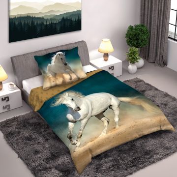 Pościel bawełniana 140x200 + 1x70x90 koń biały Horses 001